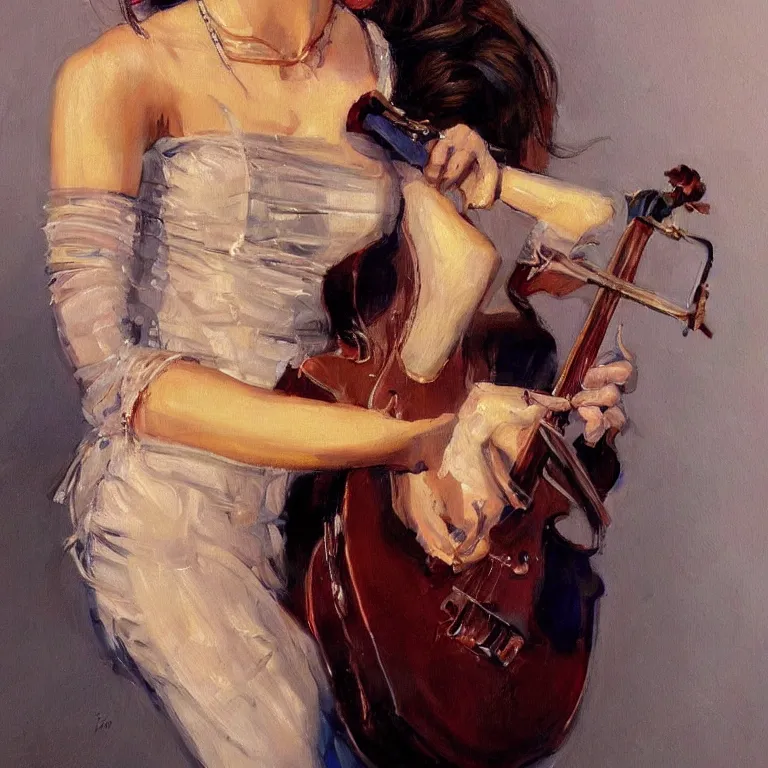 Prompt: a beautiful masterpiece painting of a female musician by juan gimenez, award winning, trending on artstation,