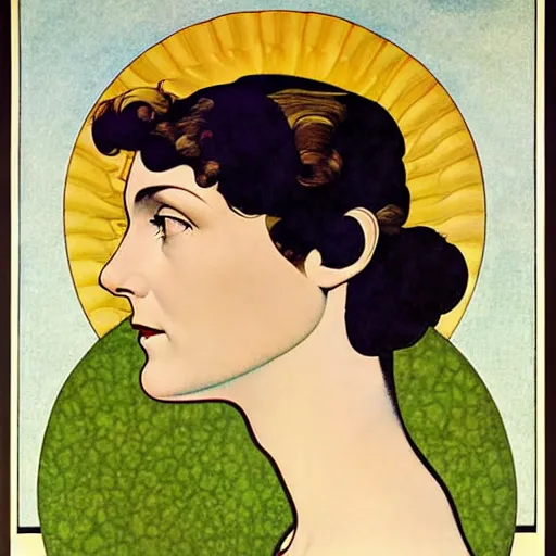 Image similar to Art in the style of Coles Phillips, Gaia, Mother Earth, side portrait, Mucha, Georgia O'Keeffe