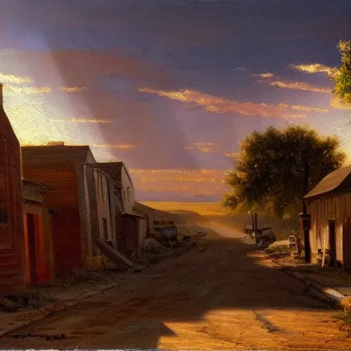 Image similar to oil painting of american landscape, western town, dusty street, sunrays, dramatic, very very very beautiful nature art, romanticism