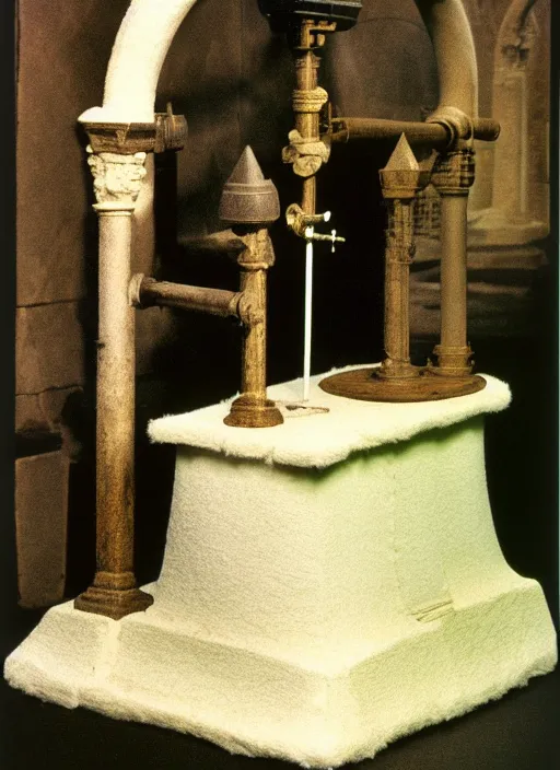 Image similar to realistic photo of a a medieval temple astronomy appliance pump, made of mustard wood white clay fluffy fur black plastic 1 9 9 0, life magazine photo, natural colors, museum collection
