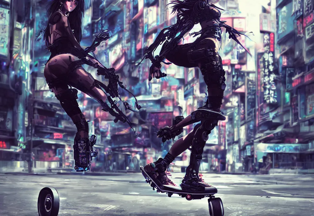 Image similar to hyper - realistic cyberpunk anime woman flip skateboard, sport, action tokyo street, extreme detail, good face, model, concept art, in style of yoji shinkawa, pan ren wei, col price, atey ghailan, by greg rutkowski, aesthetic