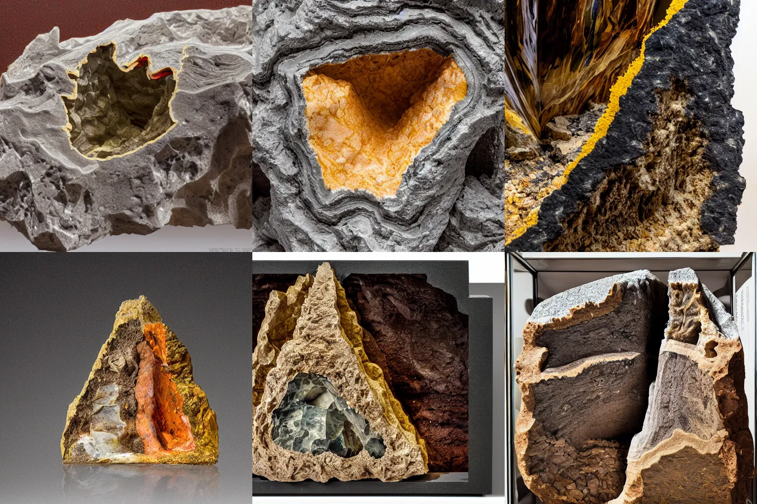 Prompt: cross section of the infamous Lasagnite rock mineral displayed in the Royal Museum of Geology, f/3.5, ISO 100