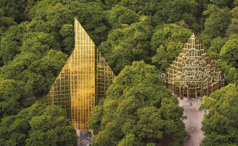 Prompt: shrine of golden ratio in the middle of sacred forest in the middle of skyscraper city. large scale photo