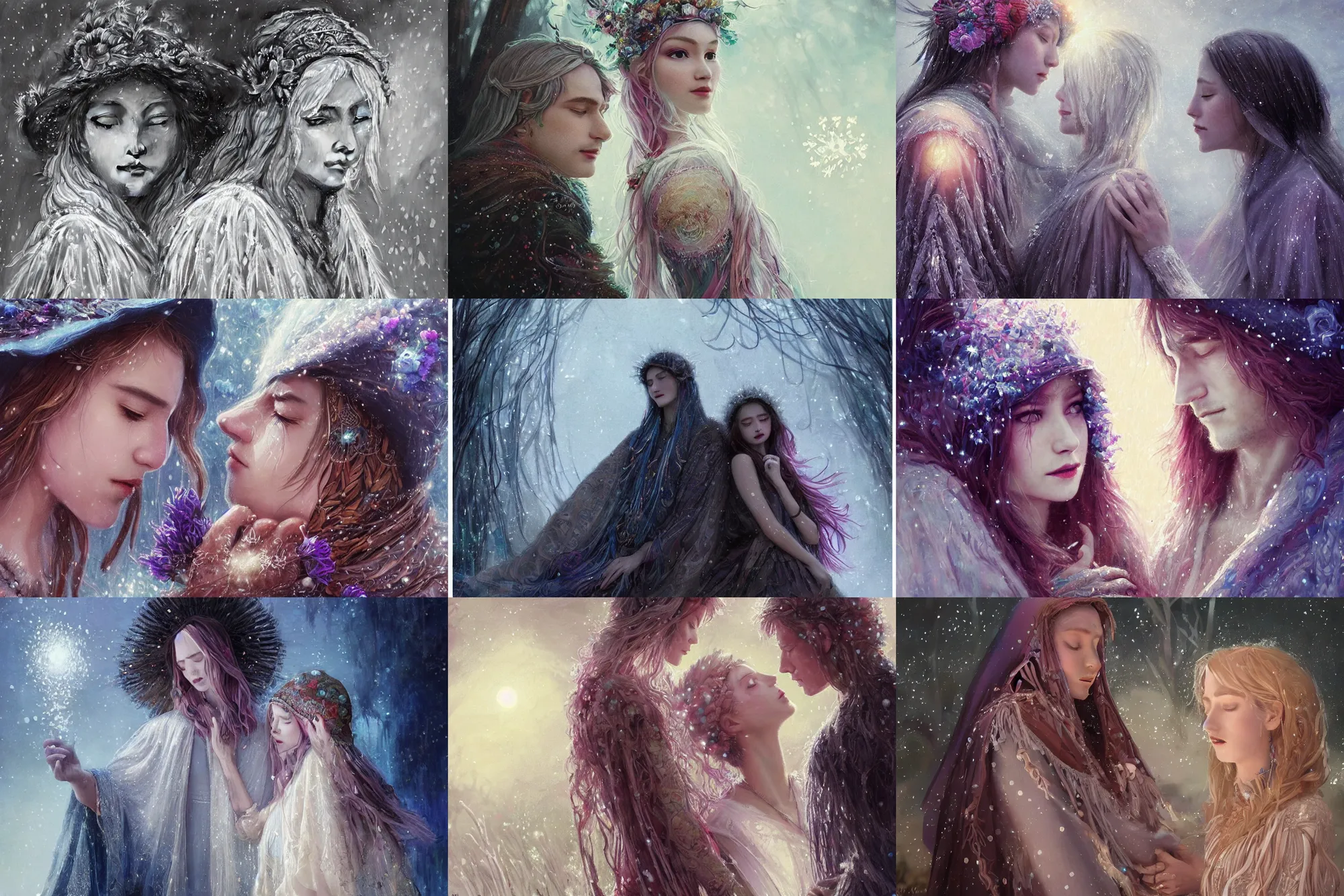 Prompt: a cinematic beautiful closeup moment of man and woman moon magician lovers saying goodbye wearing boho poncho and sunhat with hyacinths lightening snowflake spells, Frozen II Klaus film, fantasy, intricate, elegant, highly detailed, digital painting, artstation, concept art, smooth, sharp focus, illustration, art masterpiece by art by Krenz Cushart and Artem Demura and alphonse mucha, ArtGerm, Jon Lothian, Danilo Torres, Adi Meyers, Thomas Reimann, Gaston Bussiere