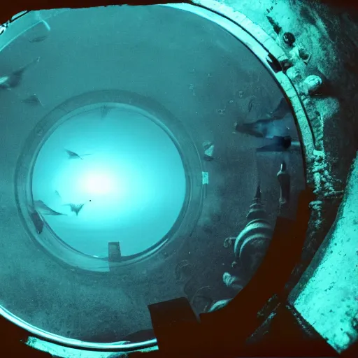 Image similar to a ghost leviathan seen through the porthole of a submarine, dark, underwater,