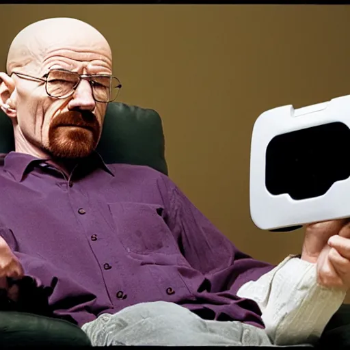 Image similar to Walter White sitting on a couch holding a Nintendo 64 controller, 8k