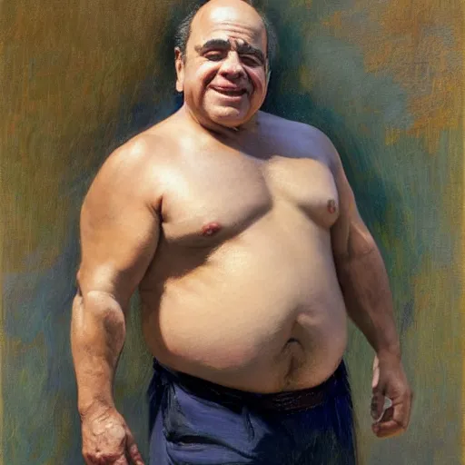 Image similar to Danny Devito with an shredded, toned, inverted triangle body type, painting by Gaston Bussiere, Craig Mullins, XF IQ4, 150MP, 50mm, F1.4, ISO 200, 1/160s, natural light