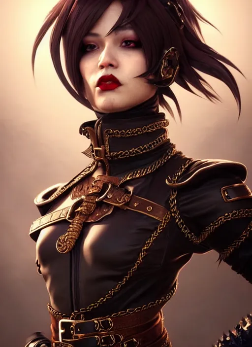 Image similar to rogue, fantasy ornate leather bandit outfit!!! close - up portrait beautiful and athletic short hair female!! gorgeous face and eyes!! character concept art, sharp focus, octane render! unreal engine 5! highly rendered!! trending on artstation!! detailed linework!! illustration by artgerm, wlop, and chie yoshii