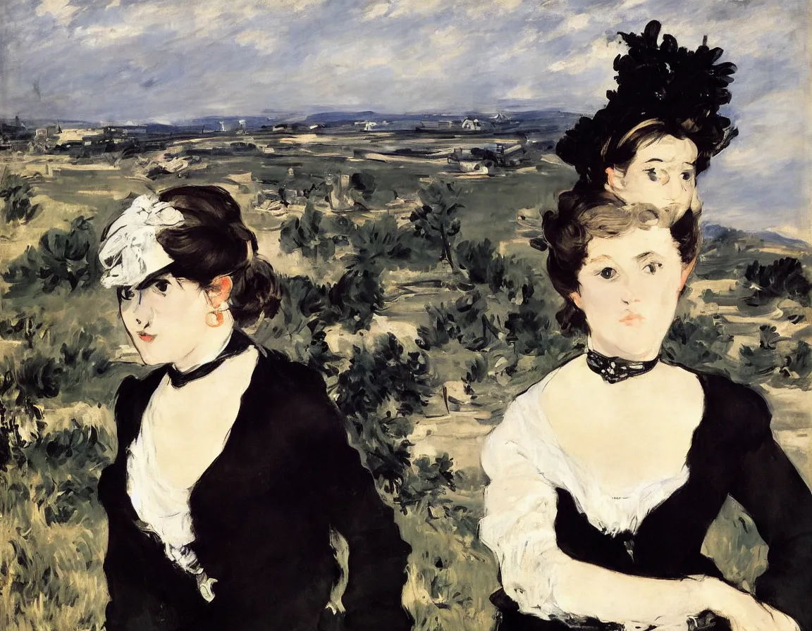 Image similar to edouard manet. a wide portrait of a marie from the side all dressed in black on a motorcycle on a highway looking over her shoulder towards us. blue sky. there is another motorcycle blurred in the background. precise thin brush strokes. expressive. emotional. modern.