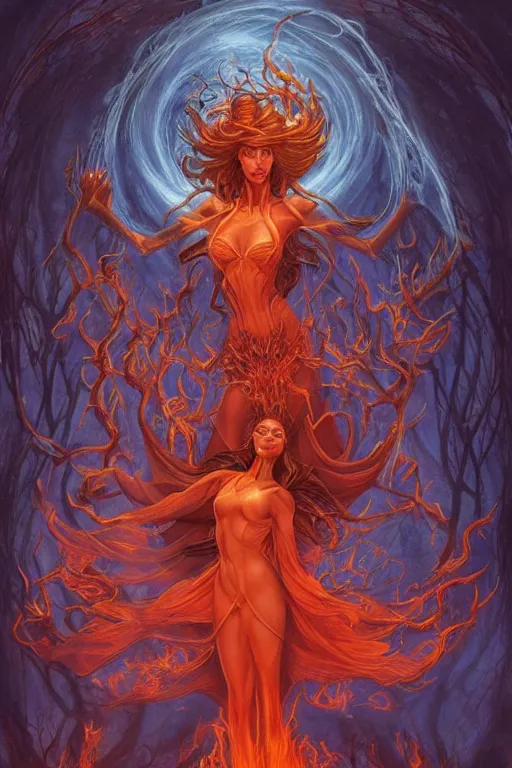 Prompt: beautiful powerful symmetrical gothic goddess of fire stands in a vortex of fire, matte fantasy painting, dynamic gel lighting, by Brom