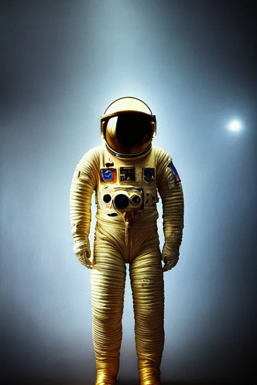 Prompt: extremely detailed studio portrait of space astronaut, helmet under arm, full body, soft light, golden glow, award winning photo by michal karcz and yoshitaka amano