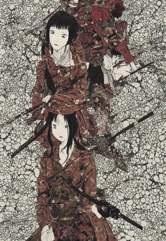 Image similar to portrait of steampunk girl samurai with swords combat pose in snow forest trending on artstation takato yamamoto junji ito