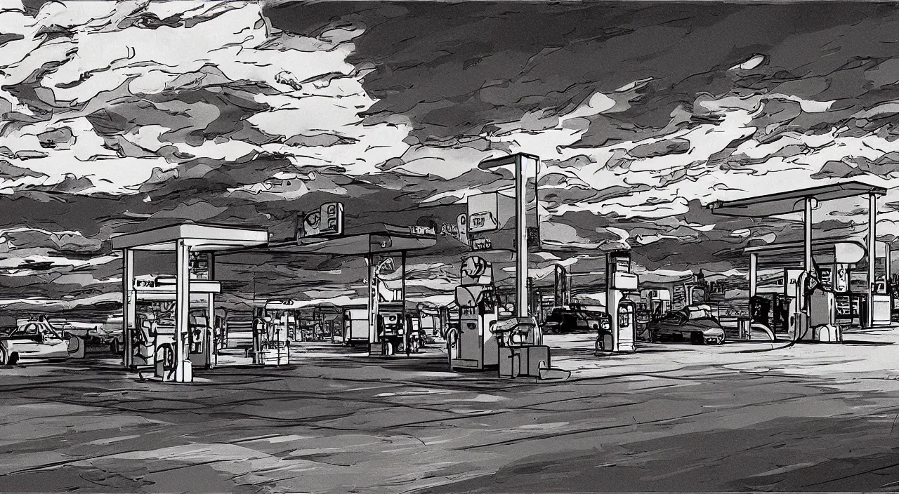 Image similar to gas station roadside south west sunset sky beautiful artstation 4 k breathtaking graphic novel concept art illustration cartoon by jack kirby