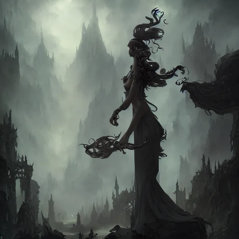 Prompt: stunning Gothic goddess of beauty, mystical, dark and mysterious, atmospheric, ominous, eerie, cinematic, Epic, 8k, 4k, ultra detail, ultra realistic, rendered by Peter Mohrbacher, Artstation, fantasy art