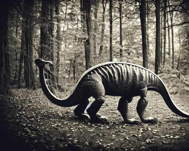 Image similar to hyper realistic vintage photograph of a real dinosaur in a forest, ultra detailed, grain, old, monochrome, sepia toned, realistic lighting, wide angle