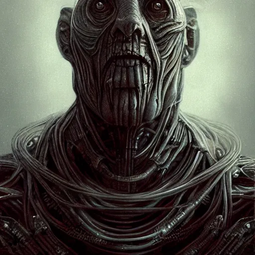 Image similar to surreal portrait of a man by Greg Rutkowski and H.R Giger, cyborg of indeterminate age, symmetrical, bald, haunting and artificial appearance, pale as marble, biomechanical and intricate, empty and uncany expression, cosmic void background, frightening, fascinating, highly detailed portrait, digital painting, book cover, artstation, concept art, smooth, sharp foccus ilustration, Artstation HQ.