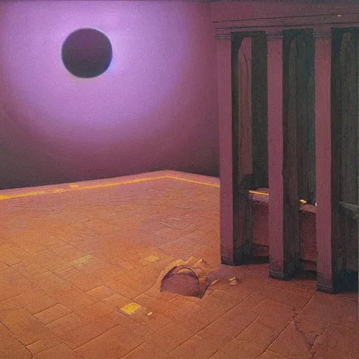 Image similar to painting of a scifi ancient civilzation empty room, purple sun, beksinski