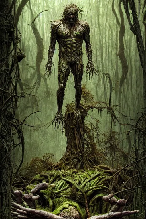 Image similar to realistic photo of the swamp thing, through the creepy forest, on the way lies a rotting corpse among the rocks. and he takes it in his hands. deep focus, intricate, elegant, highly detailed, digital painting, station art, concept art, matte, sharp focus, illustration, art by artgerm and greg rutkowski and alphonse mucha