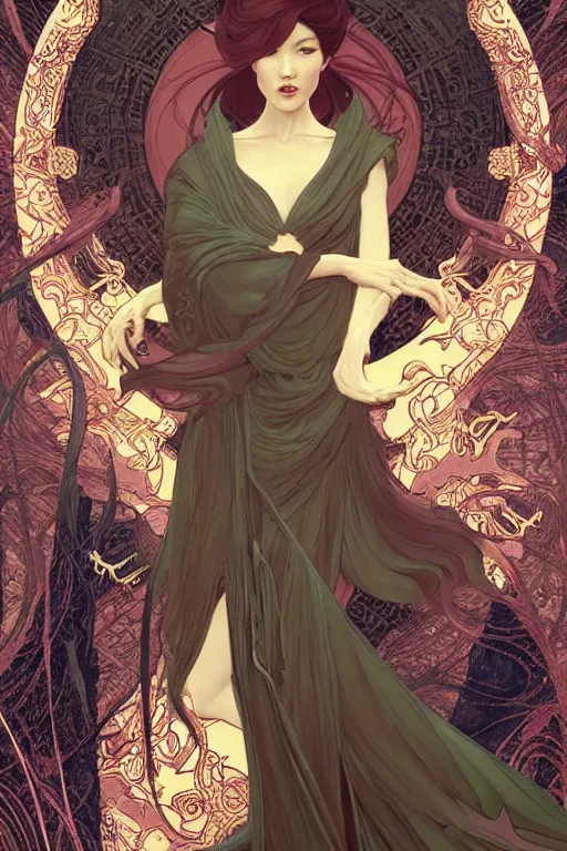 Prompt: full length portrait of a beautiful mysterious chinese fairy by eve ventrue, michael carson, andreas rochas, john watkiss, casey weldon, artgerm. art nouveau. tarot card by mucha. gloomhaven. swirly intricate linework background. gaudy colors, sharp edges. octane render