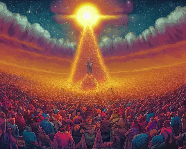 Image similar to An illustration of a crowd of people praying to the celestial being that saved them from a cataclysmic collapse, digital art, Dan Mumford