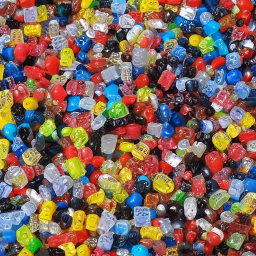 Prompt: Lego City overrun by thousands of jelly beans, old collection, verisimilitudinous