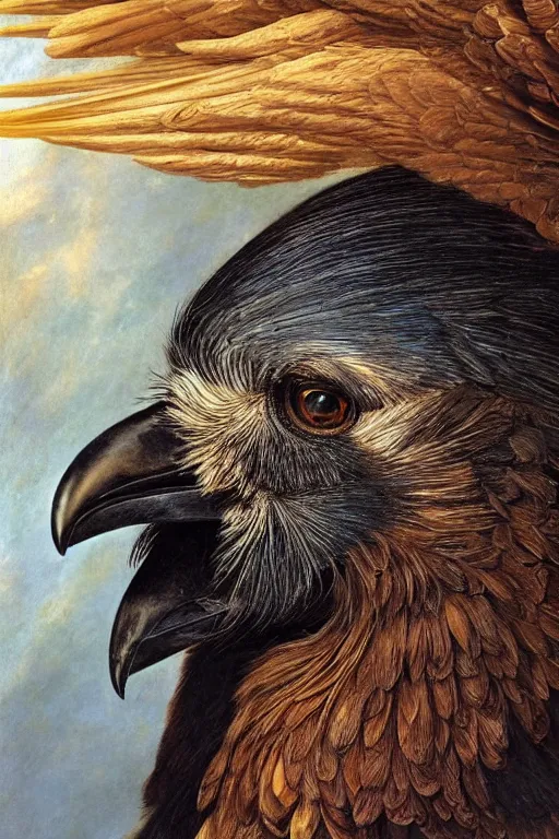 Image similar to a breathtakingly stunningly beautifully highly detailed animal portrait of a majestic raven, by rosetti and michael cheval and rosetti and turner, 4 k