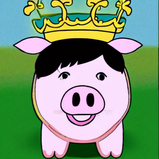 Image similar to 2d cartoon happy pig wearing a gold crown in the style of joe tamponi