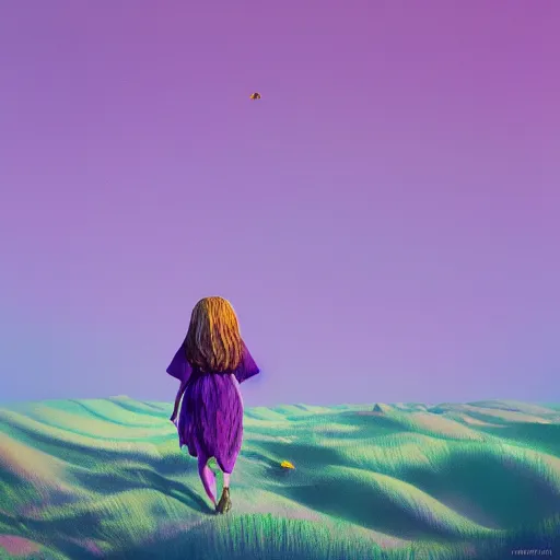 Image similar to portrait, giant purple dahlia flower head, girl walking between dunes, surreal photography, sunrise, blue sky, dramatic light, impressionist painting, digital painting, artstation, simon stalenhag