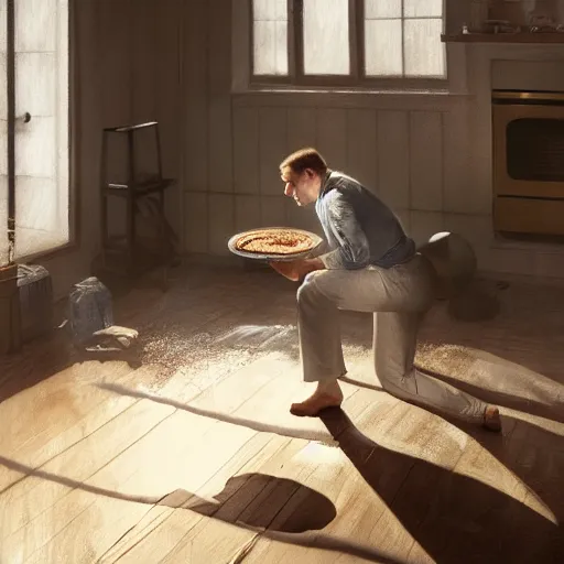 Image similar to a physical therapist baking a pie in the oven, volumetric lighting, 8 k octane beautifully detailed render, post - processing, extremely hyper - detailed, intricate, epic composition, cinematic lighting, masterpiece, trending on artstation, detailed detailed detailed, masterpiece, stunning art by anders zorn, wonderful masterpiece by greg rutkowski, beautiful cinematic light,