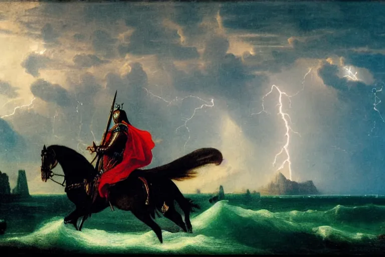 Prompt: Close-up of the Knight leaving the palace, refracted sparkles, thunderstorm, beach and Tropical vegetation on the background major arcana sky and symbols, by paul delaroche, hyperrealistic 4k uhd, award-winning, very detailed paradise