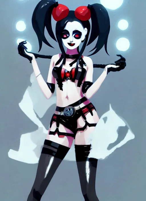 Image similar to portrait of cute goth harley quinn in latex clothes, illustration concept art anime key visual trending pixiv fanbox by wlop and greg rutkowski and makoto shinkai and studio ghibli