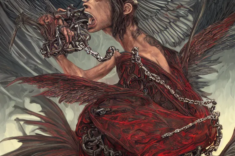 Image similar to lucifer, dark angel, demon, red eyes, chain, handcuffs, large chain, wide open mouth, scream, cruelty, sea bottom, light effect, hyper detailed, intricate, elegant, highly detailed, digital painting, artstation, concept art, matte, sharp focus, illustration, by dan mumford, yusuke murata, makoto shinkai, ross tran