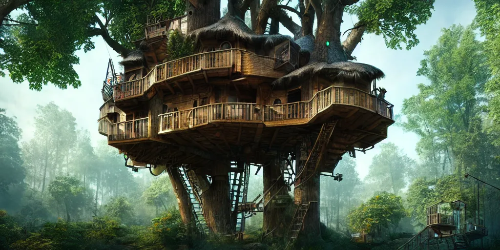 Image similar to in a treehouse city, highly detailed, 8 k, hdr, award - winning, octane render, artstation, volumetric lighting