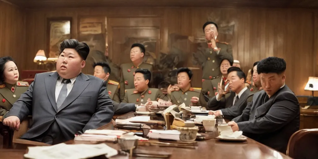 Prompt: Randall Park as Kim Jong-un in 'The Interview 2' (2023), movie still frame
