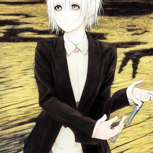 Image similar to Yoshitaka Amano realistic illustration of an anime girl with short white hair and black eyes wearing tuxedo, black and white battle background from Earthbound game, film grain effect, highly detailed, Renaissance oil painting