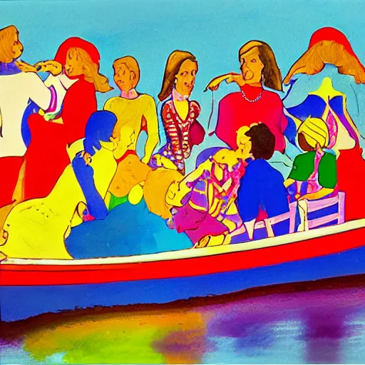 Image similar to neat illuminated manuscript by peter max. the mixed mediart of a group of well - dressed women & children enjoying a leisurely boat ride on a calm day. the women are chatting & laughing while the children play with a toy boat in the foreground.