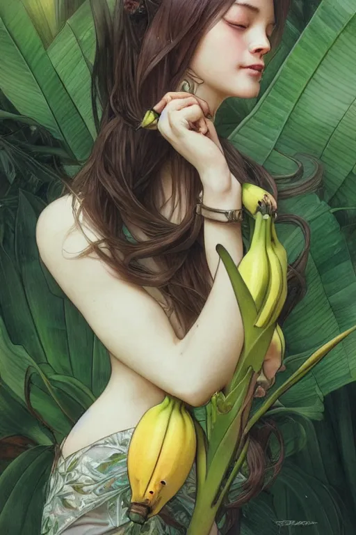 Image similar to ultra realistic illustration, banana plants drawing, japanese art, elegant, highly detailed, digital painting, concept art, smooth, sharp focus, illustration, art by artgerm and greg rutkowski and alphonse mucha