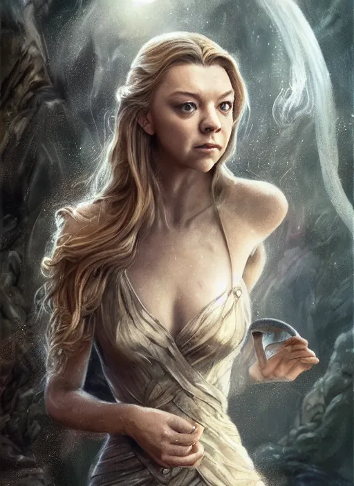 Image similar to Natalie Dormer as Margaery Tyrell as a ruggedly handsome heroine kneeling next to a glowing artifact lodged in shallow water, intricate, elegant, highly detailed, artstation, concept art, smooth, sharp focus, illustration, art by artgerm and donato giancola and Joseph Christian Leyendecker, WLOP, fireflies