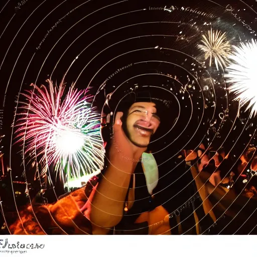 Image similar to Fisheye lens photograph taken 1 inch from a handsome man's face as he smiles widely fireworks in the background