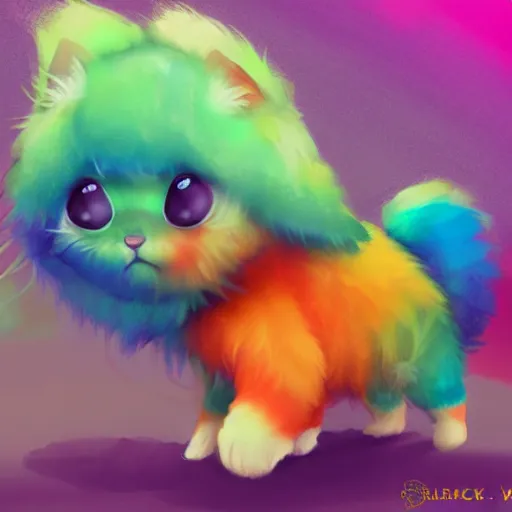 Image similar to wide angle full body, of a fluffy cute rainbow kitten wearing a black motorcycle jacket, concept art