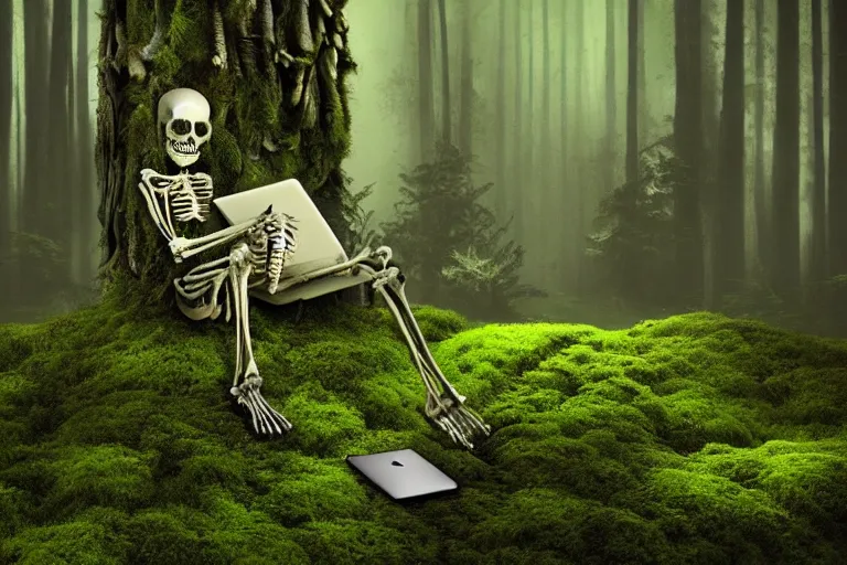 Image similar to human skeleton behind computer overgrown with moss, in forest, dark atmosphere, fanstasy, digital art, very realistic, trending on artsstation, very detailed