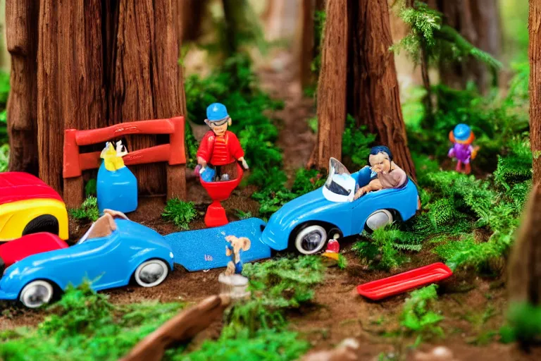 Prompt: fisher price redwood forest, california scene from tv show hyper detailed 5 5 mm 8 5 mm, toy photography, made out of plastic