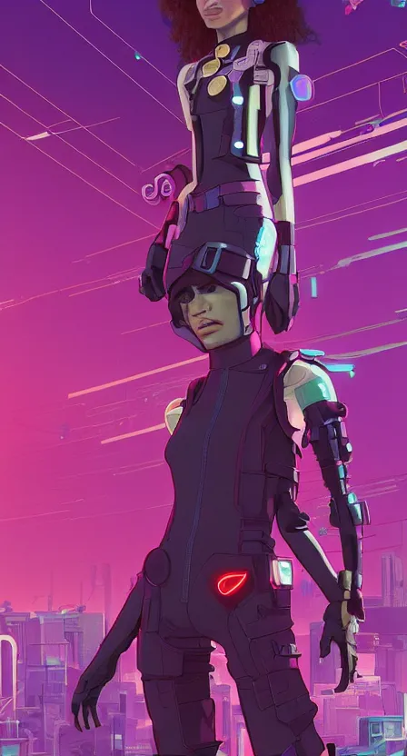 Image similar to zendaya as a cyberpunk hero standing on the rooftop of cybertown, art poster, full body, t - pose, character design, ambient lighting, 4 k, lois van baarle, ilya kuvshinov, rossdraws, alphonse mucha, jung gi kim, dylan kowalsk, artstation