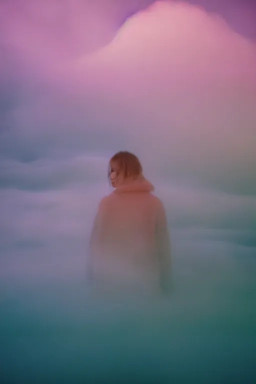 Image similar to high quality pastel coloured film close up wide angle photograph of a model wearing clothing resting on cloud furniture in a icelandic black rock environment in a partially haze filled dreamstate world. three point light, rainbow. photographic production. art directed. pastel colours. volumetric clouds. pastel gradient overlay. waves glitch artefacts. extreme facial clarity. 8 k. filmic.