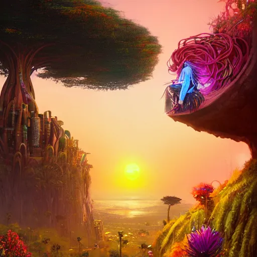 Image similar to an exotic african cyberpunk woman with colorful dreadlocks sitting on a cliff overlooking a field of colorful flowers with a giant glowing baobab tree in the middle, it is sunset, by greg rutkowski and android jones and Alena Aenami in a surreal cyberpunk! style, oil on canvas, 8k hd,