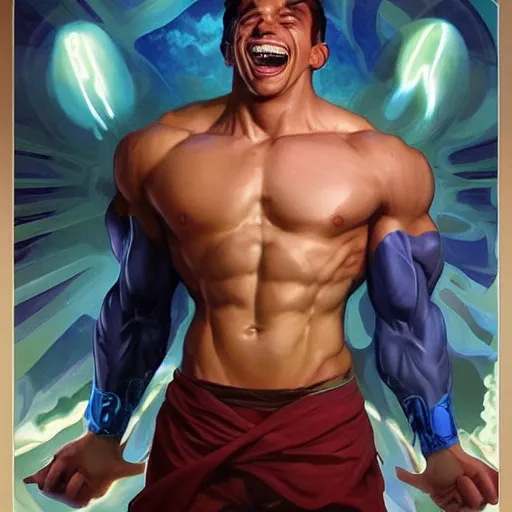 Image similar to character concept, full body, symmetrical, laughing young man with strong body. detailed, high quality, dynamic lightning, fantasy, scenematic. artwork by artgerm, wlop, alex ross, greg rutknowski, alphonse mucha