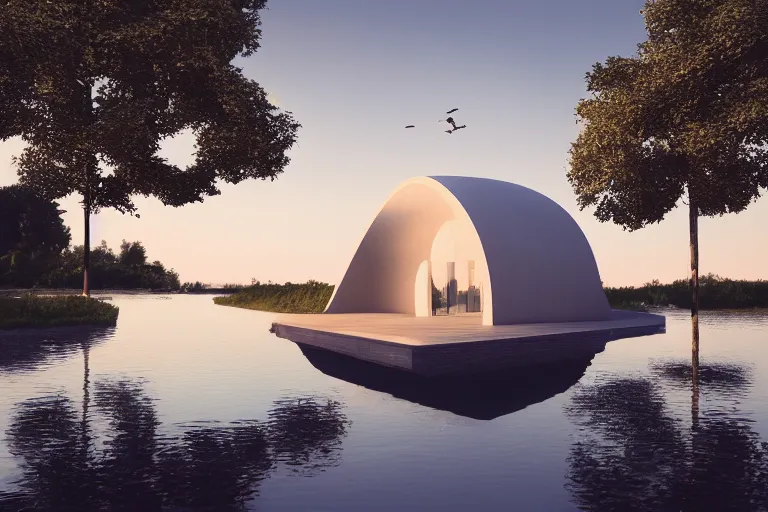 Image similar to many white round egg shaped building combinations intersect and depend on each other to form a building, by pierre bernard, on the calm lake, people's perspective, future, interior wood, dusk, unreal engine highly rendered, global illumination, radial light, internal environment