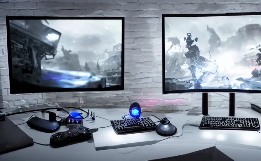 Image similar to futuristic gaming setup with white lighting, hd photograph, highly detailed, intricate, sharp focus