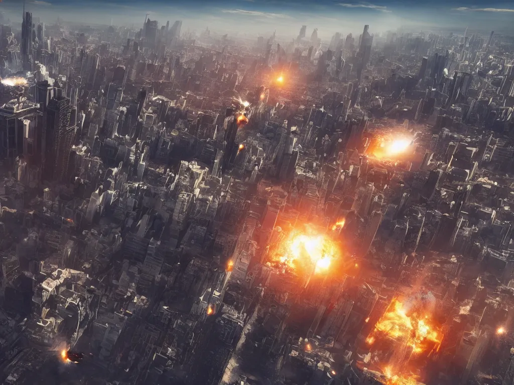 Prompt: city is being destroyed by a falling meteor, view from above, explosion, shreds, ruins, global illumination, hyperrealistic, volumetric lighting, epic cinematic shot, perfectly defined features, ambient occlusion