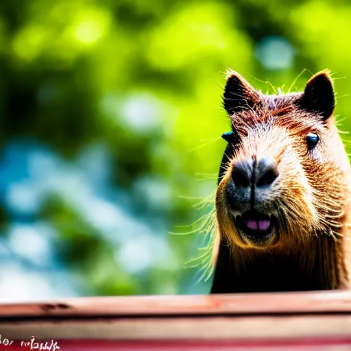 Image similar to cute capybara eating a neon nvidia gpu, chewing on a video card, cooling fans, cyberpunk, wildlife photography, bokeh, sharp focus, 3 5 mm, taken by sony a 7 r, 4 k, award winning